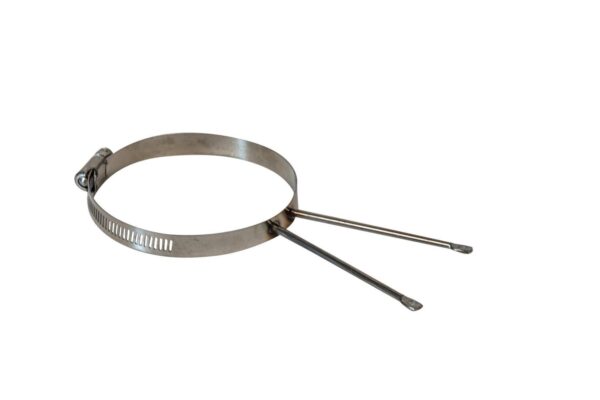 "DePalma's 6-inch stainless steel railing clamp designed for double posts with a single-hole configuration, ideal for bird control installations.
